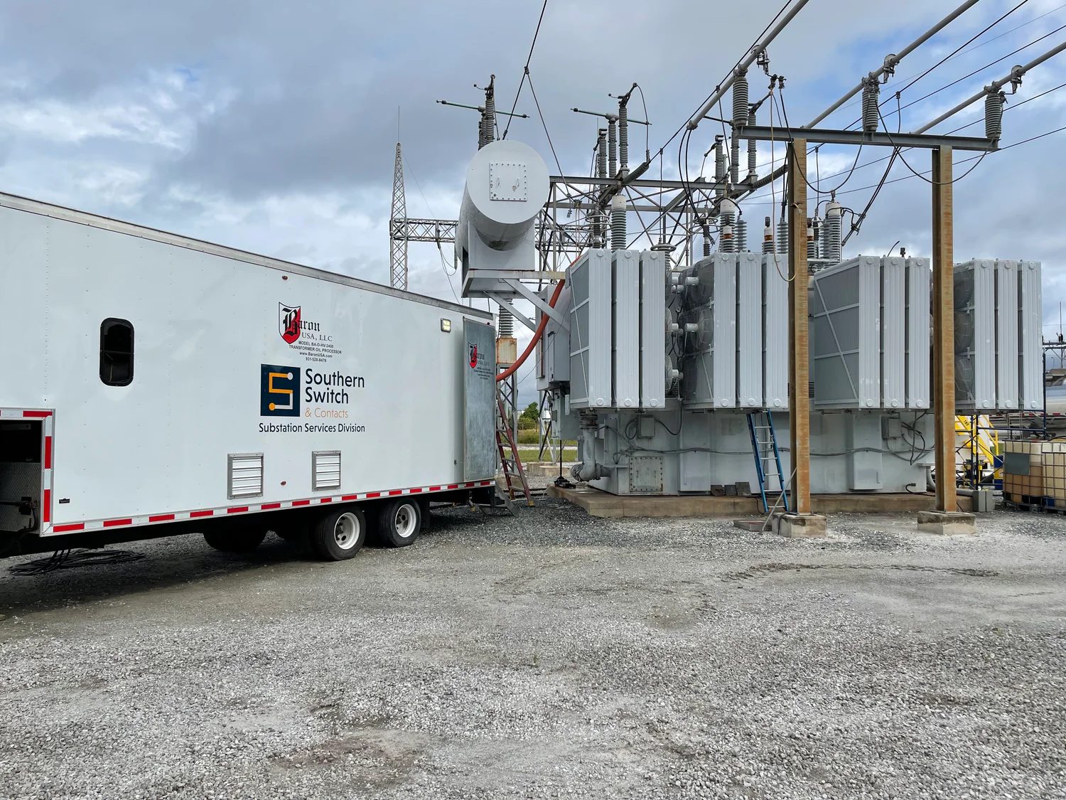 Southern Switch & Contacts Baron oil-processing rig connected to a transformer on site